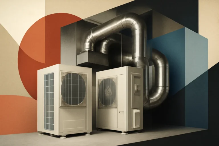 Industrial HVAC units with silver ducts and grilles placed on a beige floor against a geometric mural background.