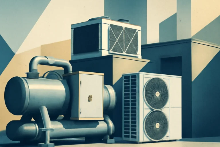 مقایسه چیلر و کولر گازی - ایمن تهویه Rooftop industrial HVAC equipment: a large air conditioning unit with ducts and pipes on a building roof.