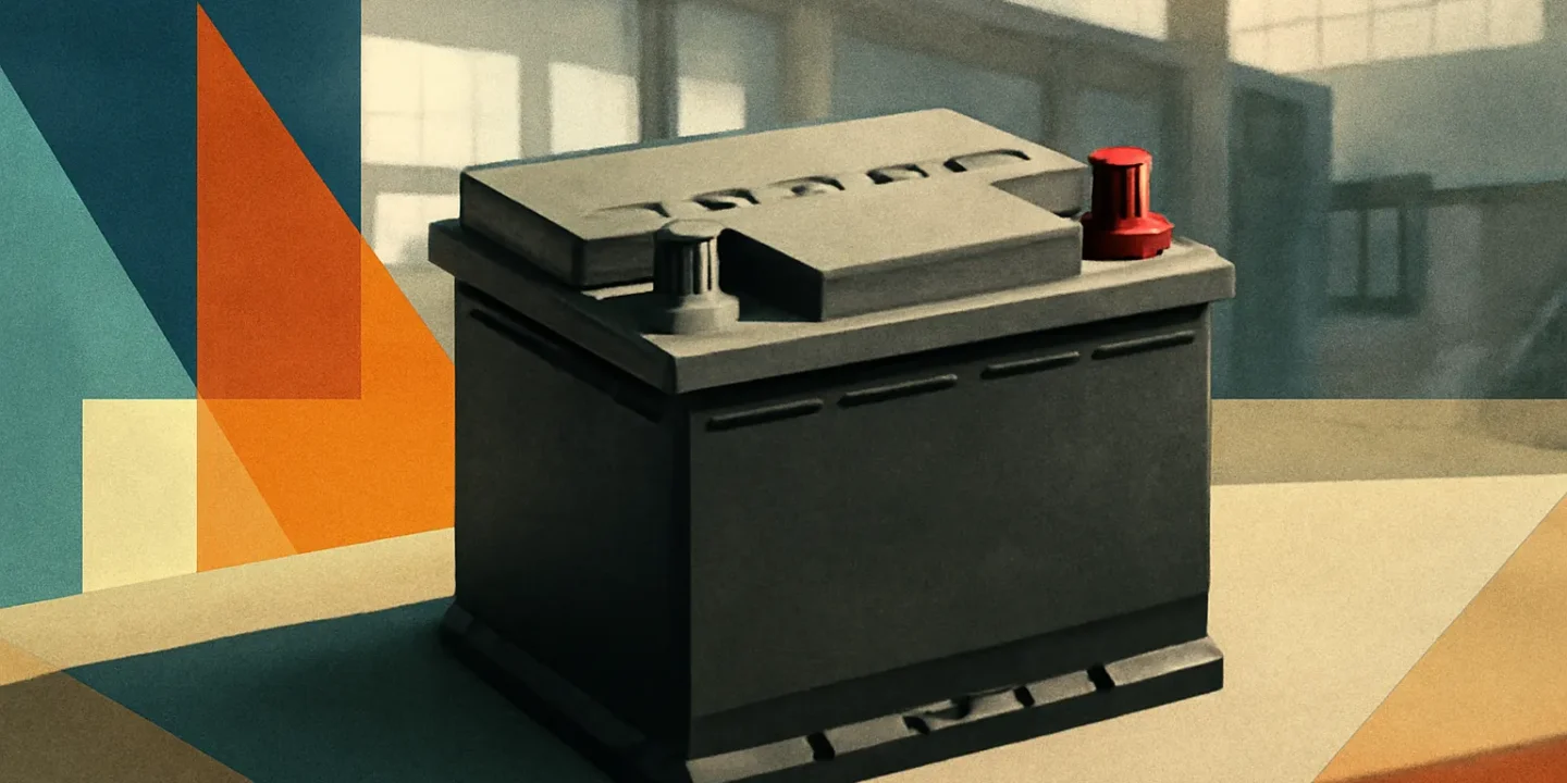 باتری خودرو در اراک - ایمن تهویه A dark car battery with red positive terminal rests on a multicolored geometric background in a workshop setting.
