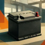A dark car battery with red positive terminal rests on a multicolored geometric background in a workshop setting.