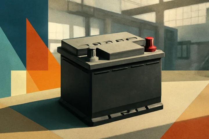 A dark car battery with red positive terminal rests on a multicolored geometric background in a workshop setting.