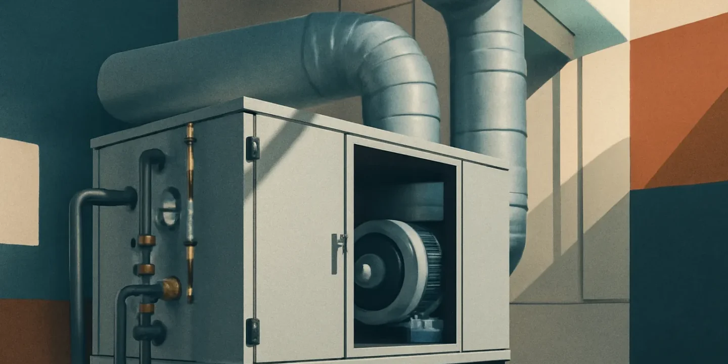 Industrial HVAC cabinet with exposed ducts and pipes in a geometric-coloured room, showing a large blower inside the open panel
