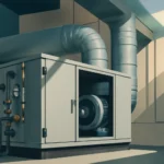 Industrial HVAC cabinet with exposed ducts and pipes in a geometric-coloured room, showing a large blower inside the open panel