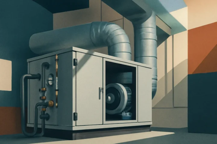 Industrial HVAC cabinet with exposed ducts and pipes in a geometric-coloured room, showing a large blower inside the open panel