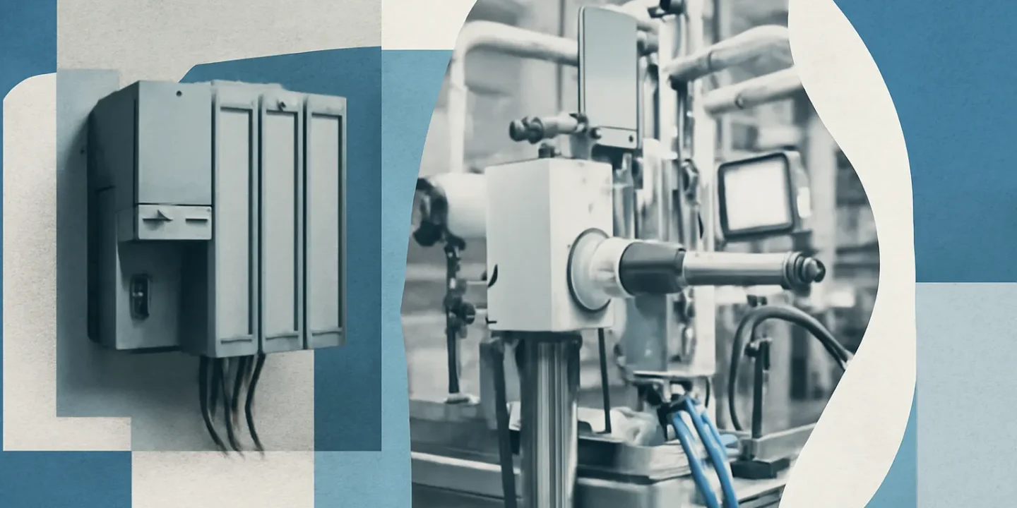 Industrial machinery in a factory with control panels and tubing.