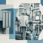 Industrial machinery in a factory with control panels and tubing.