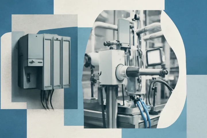 Industrial machinery in a factory with control panels and tubing.